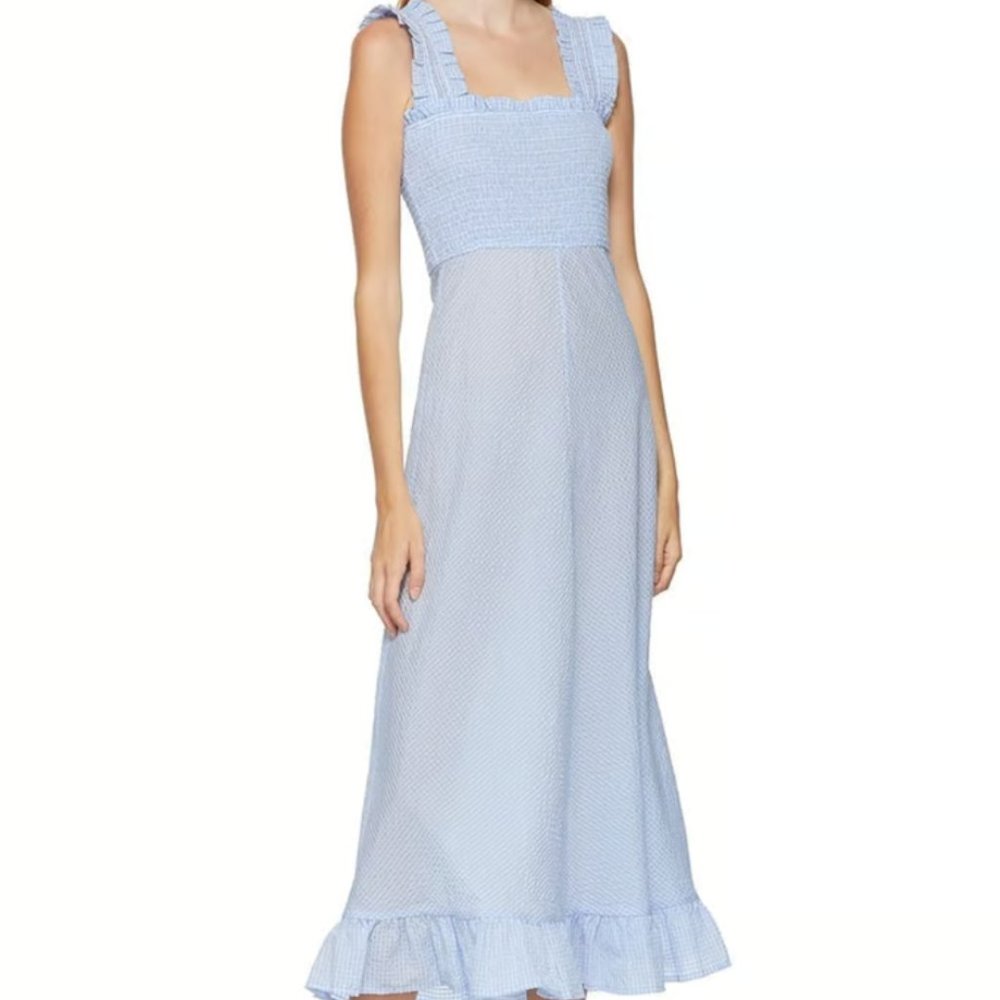GANNI SSENSE Exclusive Blue and White Seersucker Check Long Dress